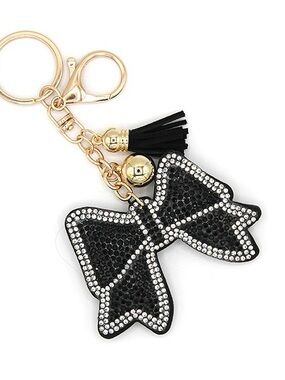 Black Ribbon Bow Puffy Rhinestone Bag Charm Keychain